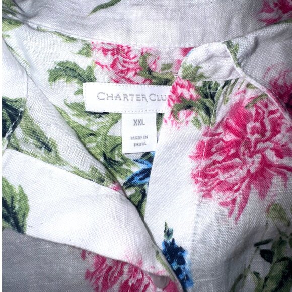 Charter Club Womens Floral Print Button-Down Shirt XXL Linen Blend White Pink Bl - Picture 2 of 8